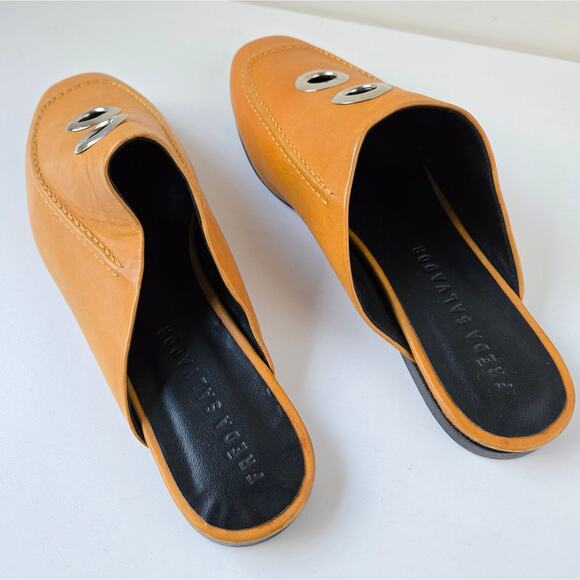 Freda Salvador NEW Ono Gingham Bow Tie Grommet Yellow Leather Mule Flats Size 7 - Picture 14 of 16